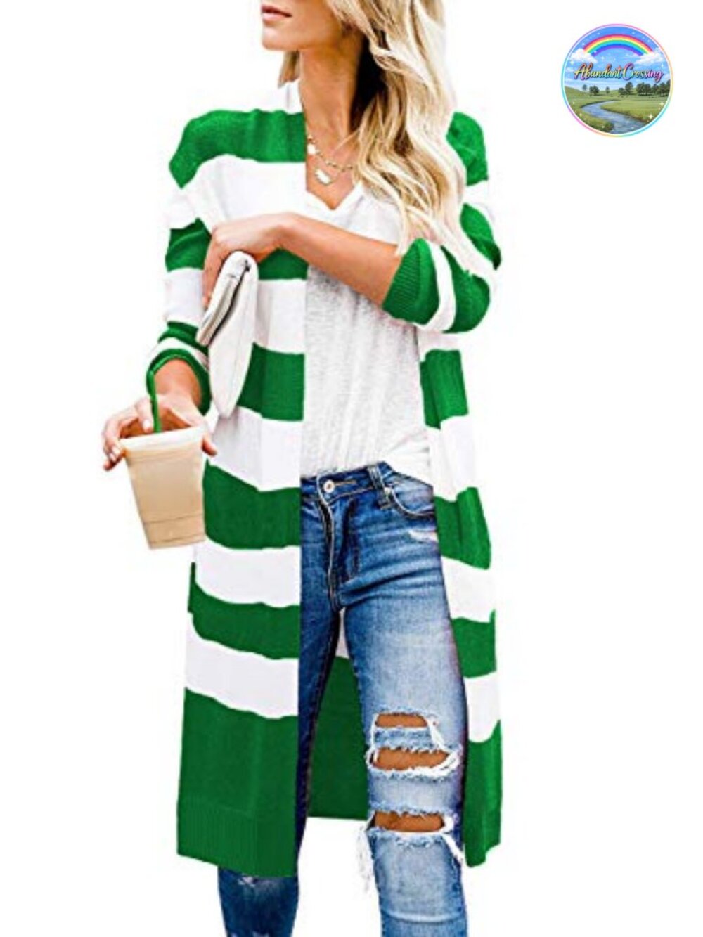 Women's Long Color Block Cardigan Sweater Loose Fit Open Front Stripe